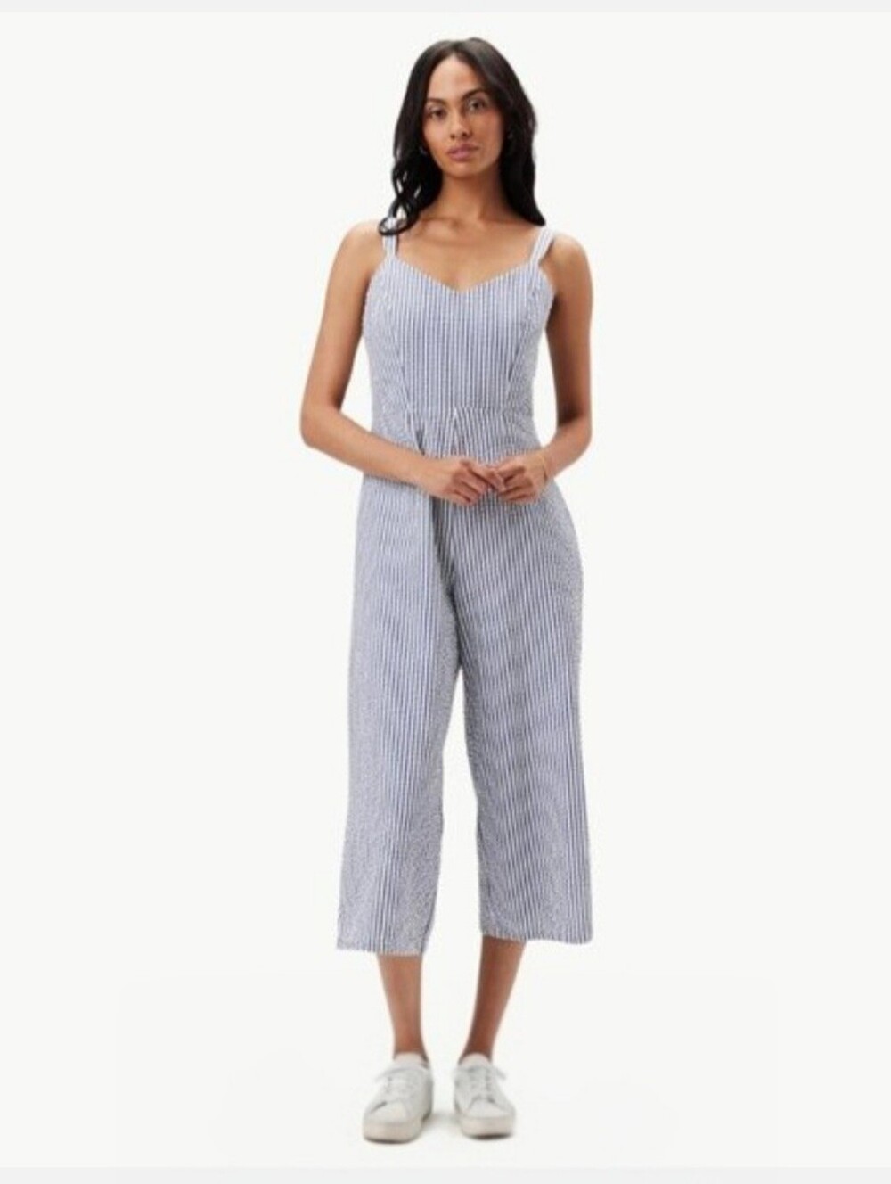NWT Amour Vert Women's Taya Seersucker Stripe Wide Leg Jumpsuit Sz Small, Blue